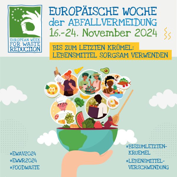 Hand mit Schüssel als halbe Weltkugel. Darin sind Bilder zum Thema Essen, Logo Europäische Woche der Abfallvermeidung (European Week for waste reduction), Titel: Bis zum letzten Krümel – Lebensmittel sorgsam verwenden 16. bis 24. November 2024.